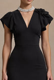 Black Satin V-Neck Pencil Midi Work Dress with Ruffles