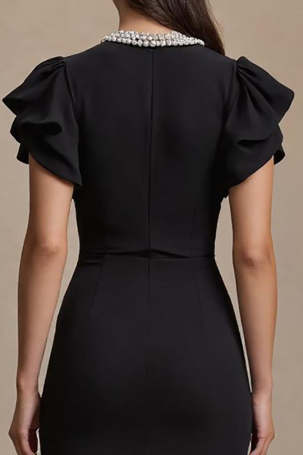 Black Satin V-Neck Pencil Midi Work Dress with Ruffles