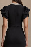 Black Satin V-Neck Pencil Midi Work Dress with Ruffles