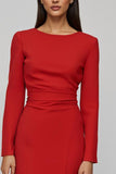 Red Sheath Satin Long Sleeves Midi Work Dress with Slit