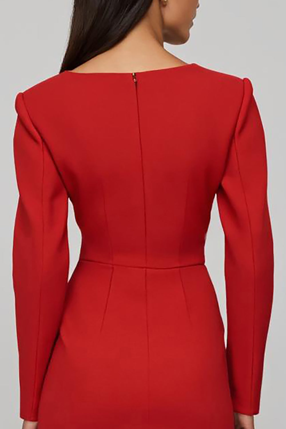 Red Sheath Satin Long Sleeves Midi Work Dress with Slit