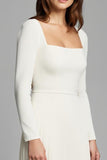 Ivory Pleated Square Neck A Line Long Sleeves Work Dress