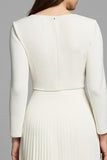 Ivory Pleated Square Neck A Line Long Sleeves Work Dress