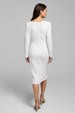 Ivory Satin Ruched V-Neck Pencil Midi Work Dress with Sleeves