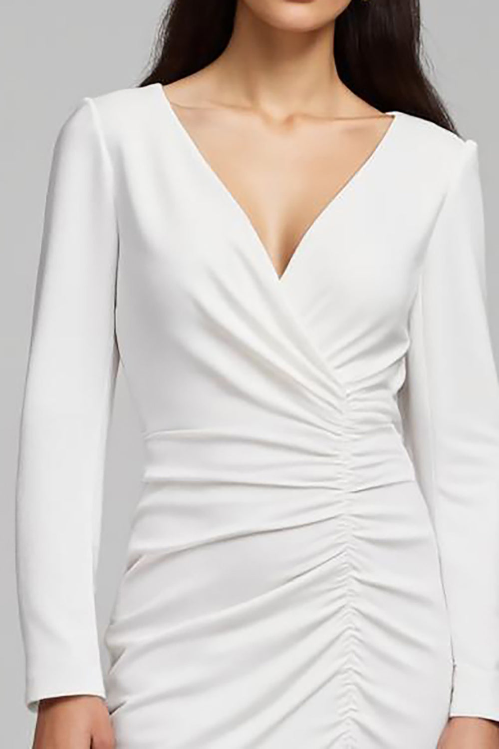 Ivory Satin Ruched V-Neck Pencil Midi Work Dress with Sleeves