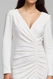 Ivory Satin Ruched V-Neck Pencil Midi Work Dress with Sleeves