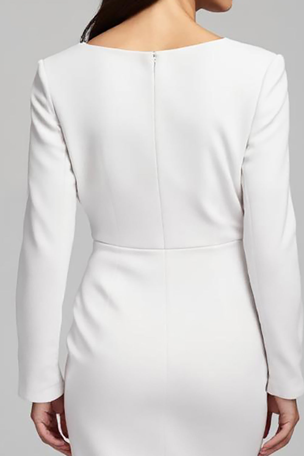 Ivory Satin Ruched V-Neck Pencil Midi Work Dress with Sleeves