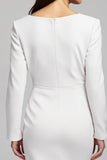 Ivory Satin Ruched V-Neck Pencil Midi Work Dress with Sleeves