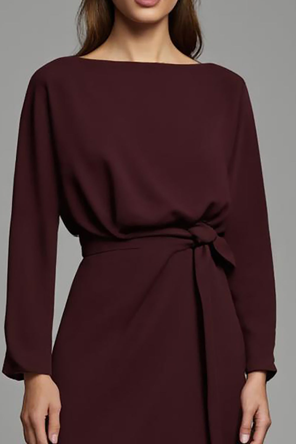 Cabernet Satin Bateau Neck Long Sleeves Midi Work Dress with Slit