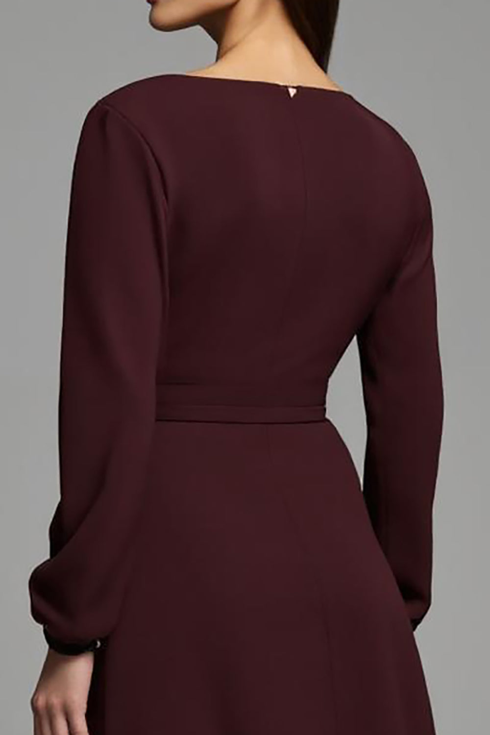 Cabernet Satin Bateau Neck Long Sleeves Midi Work Dress with Slit
