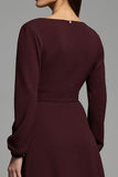 Cabernet Satin Bateau Neck Long Sleeves Midi Work Dress with Slit