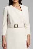 Ivory Asymmetrical Neck Long Sleeves A Line Work Dress with Belt