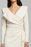 Ivory Satin V-Neck Pencil Long Sleeves Work Dress with Ruffles