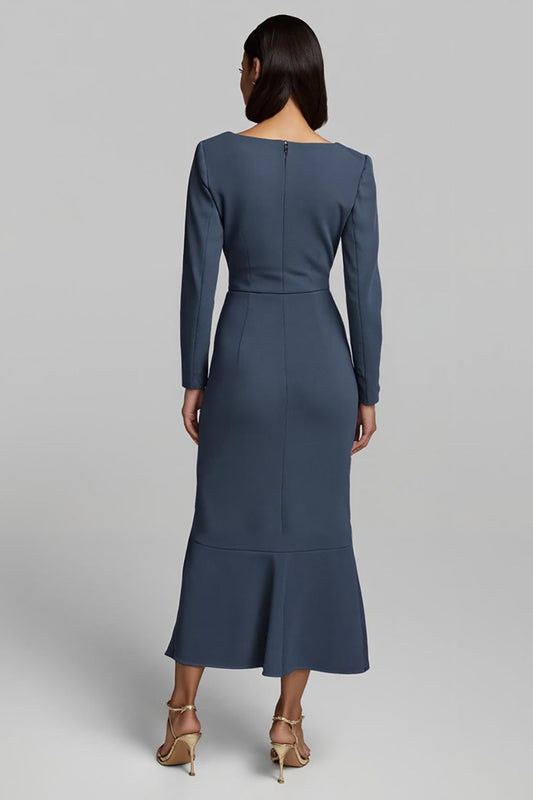 Twilight Square Neck Satin Ruched Long Work Dress with Ruffles
