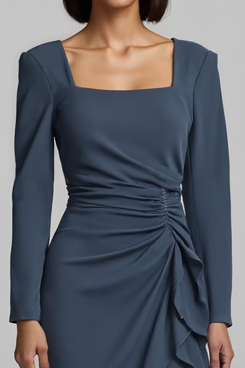 Twilight Square Neck Satin Ruched Long Work Dress with Ruffles