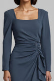 Twilight Square Neck Satin Ruched Long Work Dress with Ruffles
