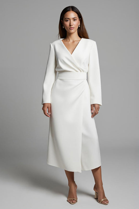 Ivory V-Neck A Line Satin Long Work Dress with Sleeves