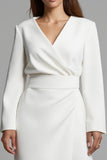 Ivory V-Neck A Line Satin Long Work Dress with Sleeves