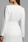 Ivory V-Neck A Line Satin Long Work Dress with Sleeves