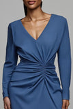 Dusty Blue Ruched Satin Sheath Midi Work Dress with Sleeves