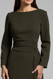 Dark Olive Satin Boat Neck Pencil Long Work Dress with Sleeves