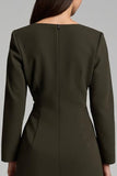 Dark Olive Satin Boat Neck Pencil Long Work Dress with Sleeves