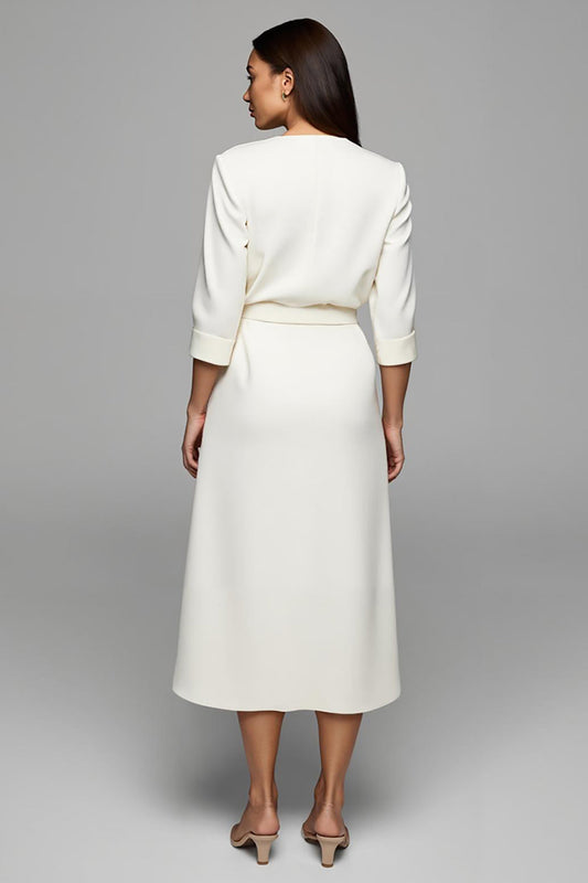 Ivory Satin Ruched V-Neck Pencil Long Work Dress with Sleeves