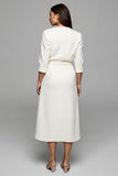 Ivory Satin Ruched V-Neck Pencil Long Work Dress with Sleeves