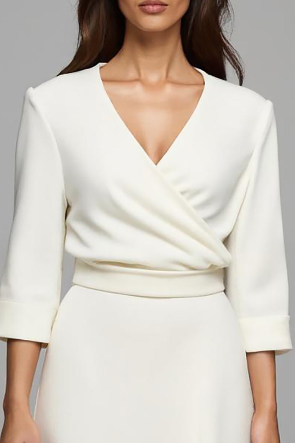 Ivory Satin Ruched V-Neck Pencil Long Work Dress with Sleeves