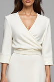 Ivory Satin Ruched V-Neck Pencil Long Work Dress with Sleeves