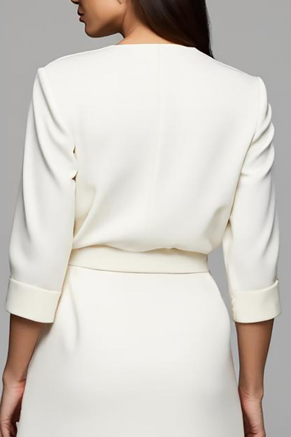 Ivory Satin Ruched V-Neck Pencil Long Work Dress with Sleeves