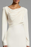 Ivory Ruched Pencil Long Sleeves Work Dress with Slit