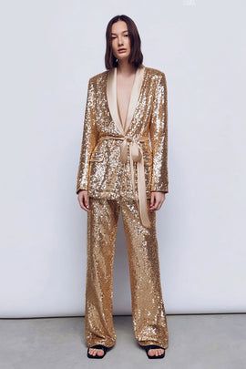 Sparkly Gold 2 Piece Sequins Women Prom Suits with Sash