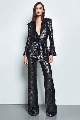Sparkly Black Sequins 2 Piece Women Prom Suits with Sash