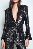 Sparkly Black Sequins 2 Piece Women Prom Suits with Sash