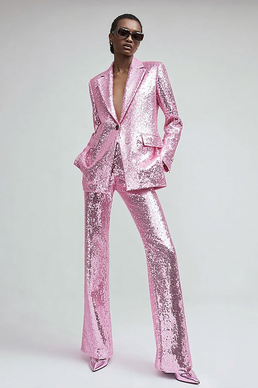 Sparkly Pink Sequins 2 Piece Women Prom Suits with Pockets