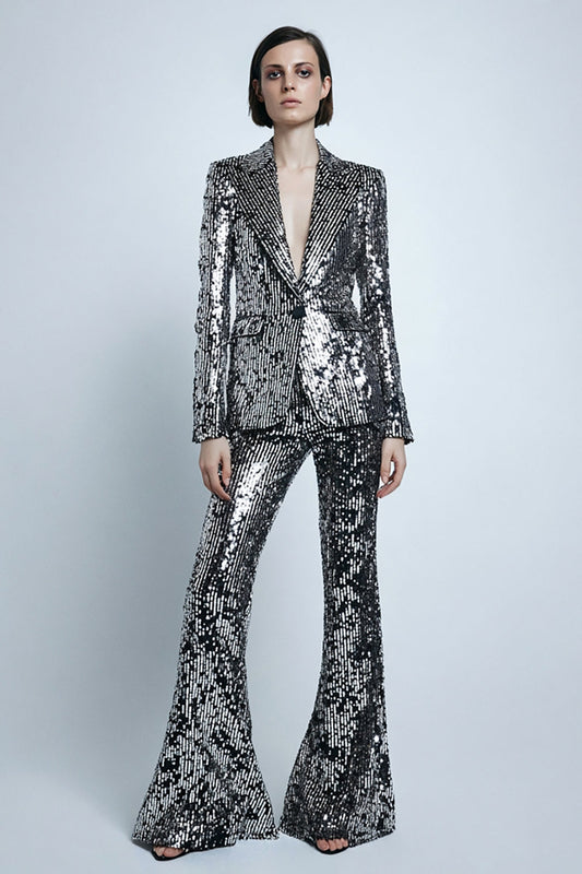Silver Gray Sparkly 2 Piece Sequins Women Prom Suits with Pockets