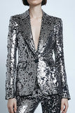 Silver Gray Sparkly 2 Piece Sequins Women Prom Suits with Pockets