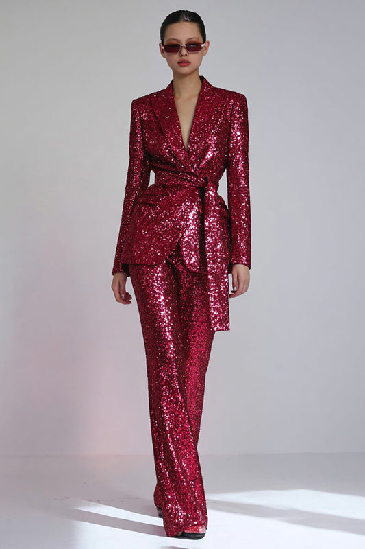 Sparkly Sequins Red 2 Piece Women Prom Suits with Sash