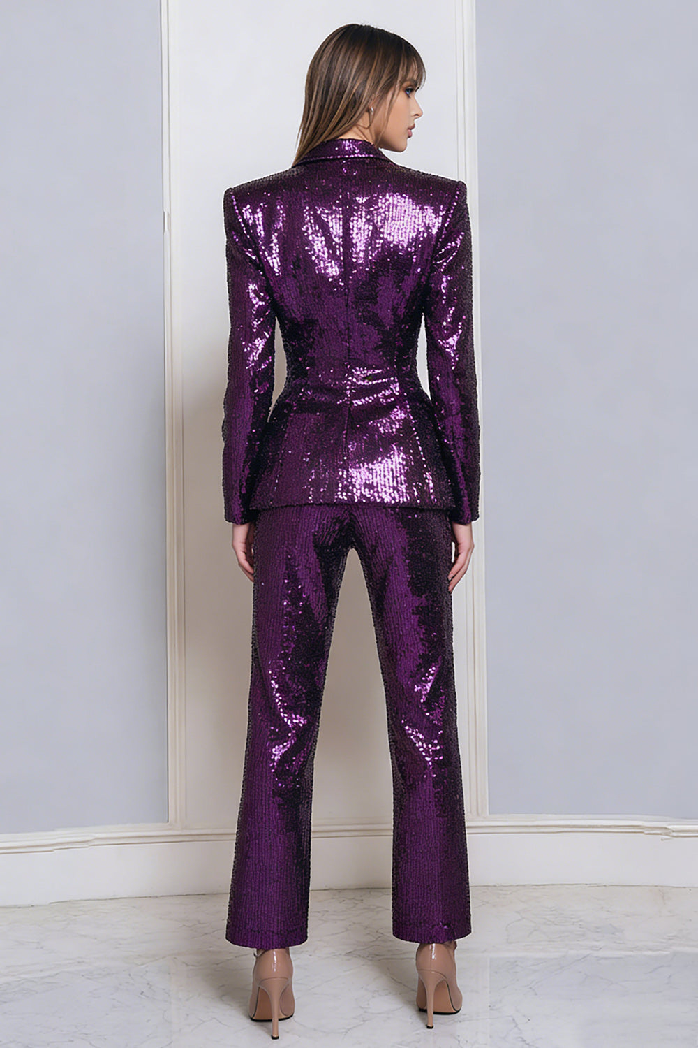 2 Piece Sequins Dark Purple Sparkly Women Prom Suits with Sleeves
