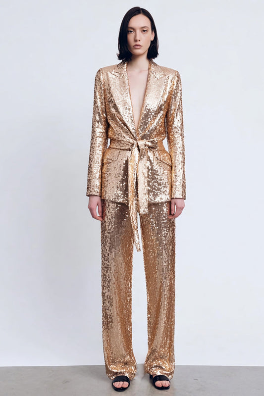 Sparkly Gold Peak Lapel 2 Piece Sequins Women Prom Suits with Sash