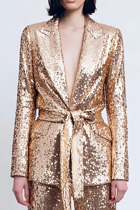 Sparkly Gold Peak Lapel 2 Piece Sequins Women Prom Suits with Sash