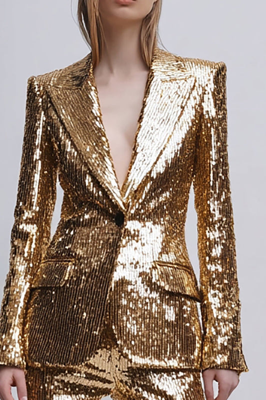 2 Piece Sparkly Gold Peak Lapel Sequins Women Prom Suits with Sleeves