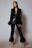 Sparkly 2 Piece Black Sequins Women Prom Suits with Feathers
