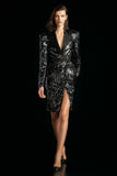 Sparkly Black Sequins Peak Lapel Women Blazer Dress with Slit