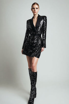 Sparkly Sequins Black Bodycon Peak Lapel Women Blazer