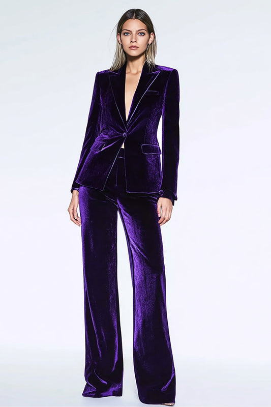 Zapakasa Women 2 Piece Dark Purple Velvet Business Suits with Sleeves One Button Peak Lapel Work Suits with Pockets