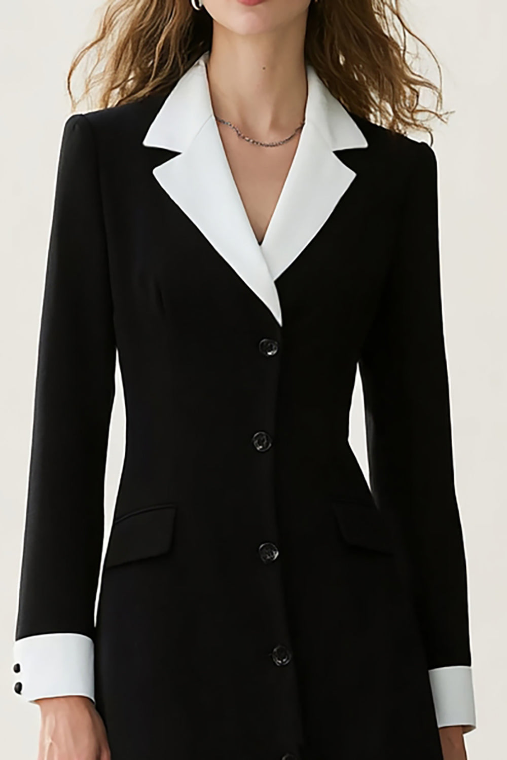 Black and White A Line Notched Lapel Long Blazer Dress with Sleeves