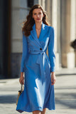 Blue A Line Notched Lapel Long Sleeves Midi Blazer Dress with Sash