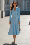 Sky Blue A Line Satin Shawl Lapel Midi Blazer Dress with Sleeves